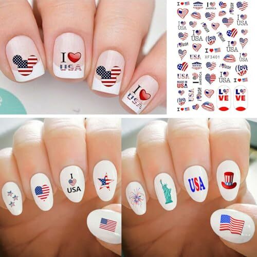 8sheets 4th of July Nail Art Stickers 3D Self-Adhesive American Flag Patriotic