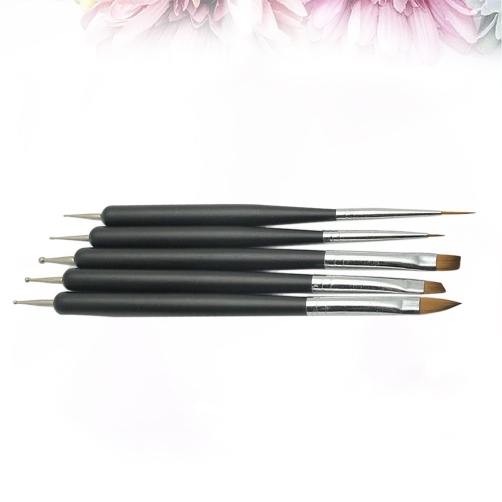 5Pcs Manicure Pen Set Double End Nail Brush and Carving Tip Black for Nail Art