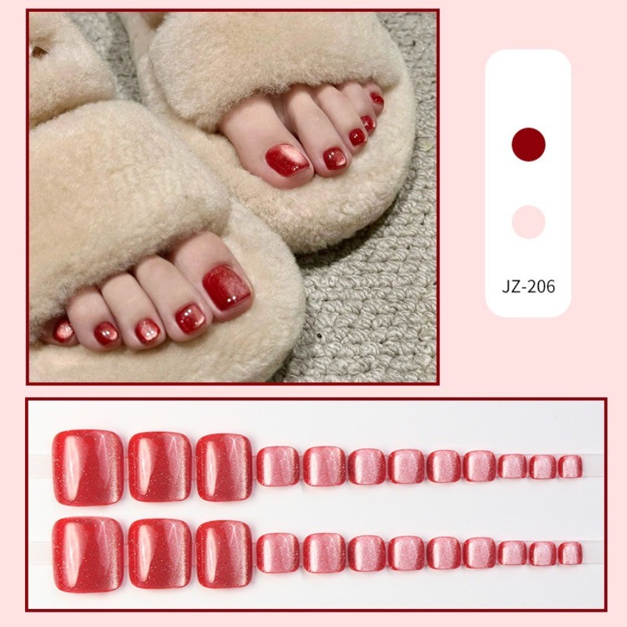 48Pcs-Short Square Red Cat Eye Glitter Simple Toe Press on Nails