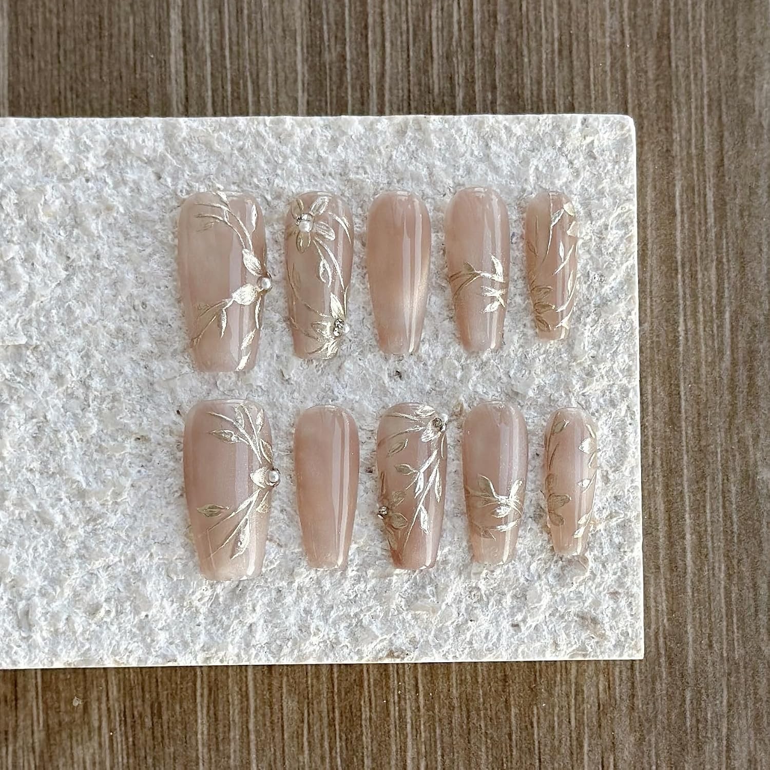 GLORS Nude Long Ballerina Press-On Nails, Gold Floral & Pearls, 10 Pcs