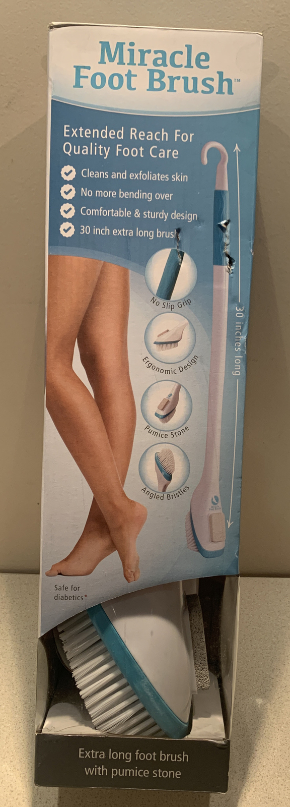 Miracle Foot Brush with Pumice Stone 30 Inches (White). Exfoliates. NEW