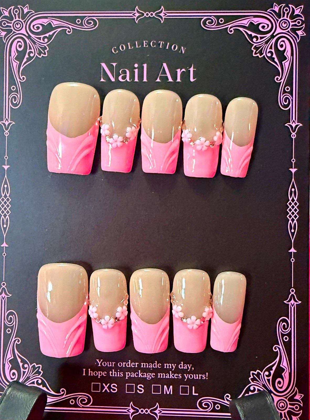 Pink/Nude 3D Floral Square Press-On Nails Set, Medium, Pre-Designed Full Cover