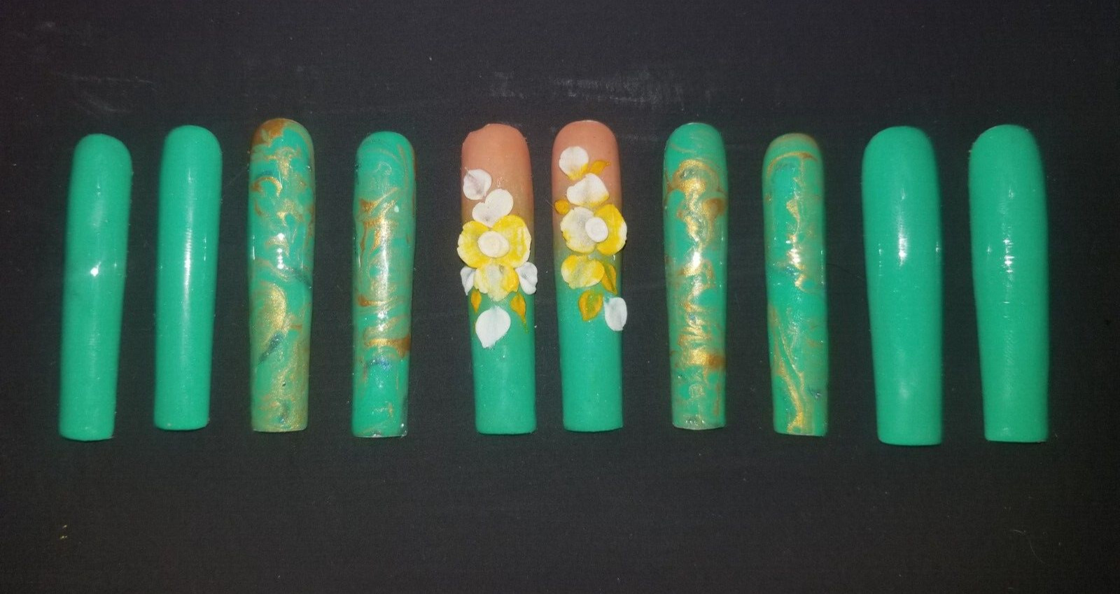 KFN Press-On|XXL Turquoise Floral Luxury Swarovski Gel Sculpted Art|10 PC