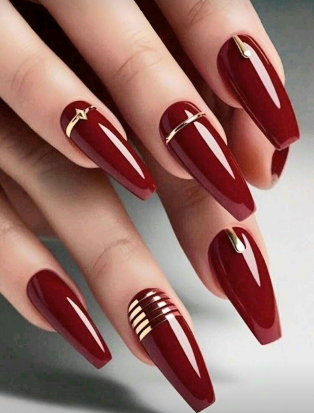 Press-On Nails Red with Gold Accents Long Coffin Shaped