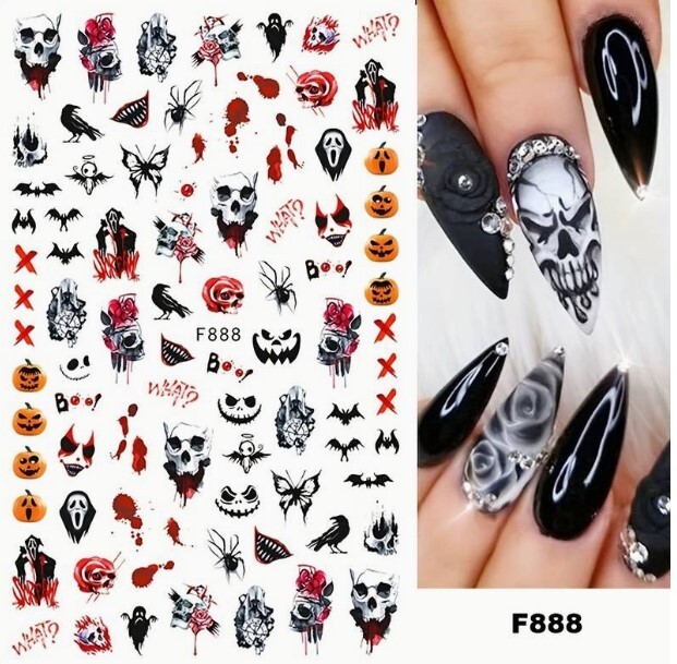 Nail Art Stickers Decals Halloween Skull Spider Blood Pumpkin Ghost Grave Bat