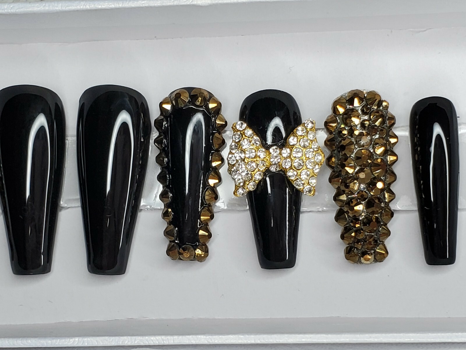 Black & gold bling long tapered ballerina press on nails diamond crystal bow