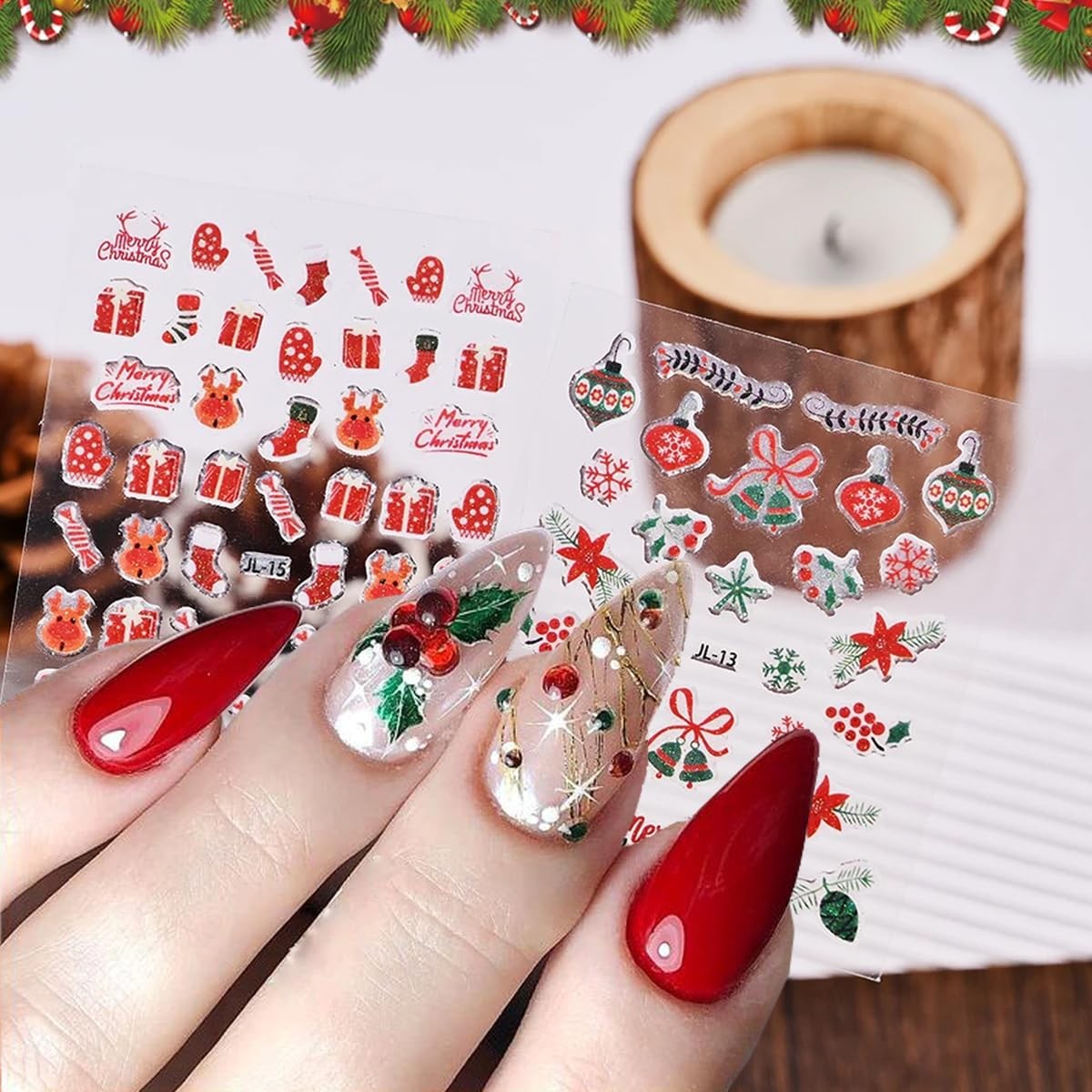 30Pcs/Set Glitter Christmas Nail Sticker 3D Self- Adhesive Nail Decals with C…
