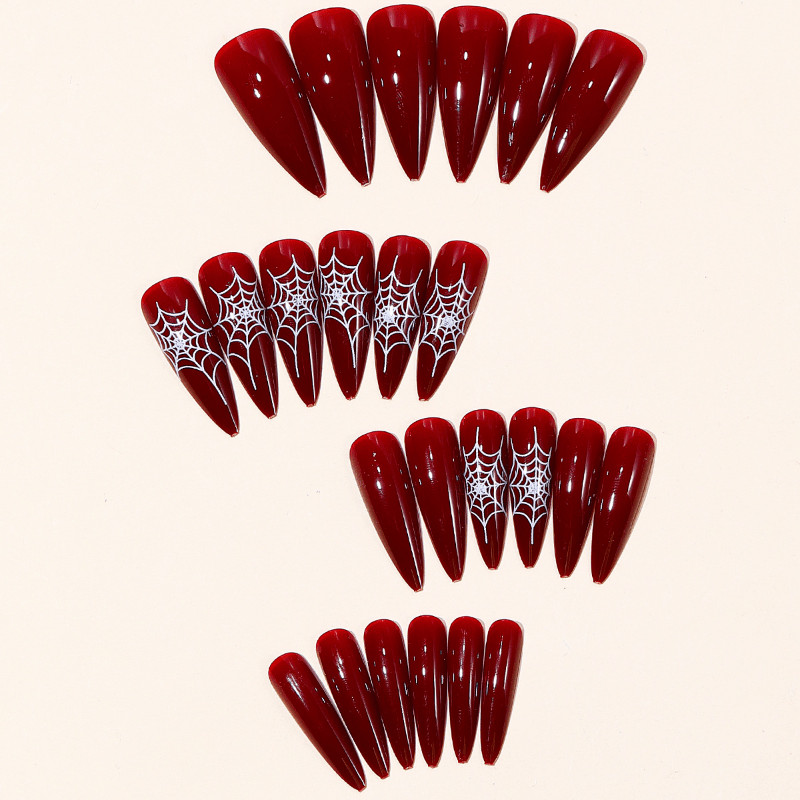 48P Burgundy Spider Web Almond Press on Nails, Gothic Halloween Party Fake Nails