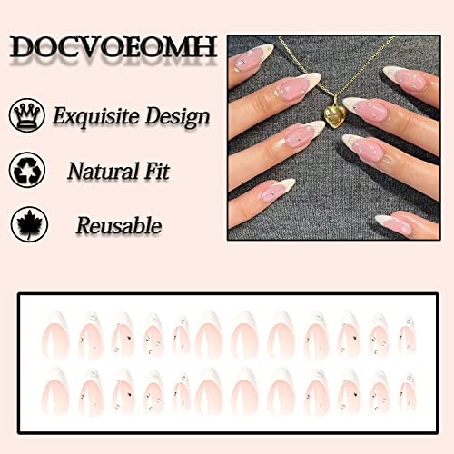 French Tips Press on Nails Almond Shaped White Fake Nails with Nude White-B01