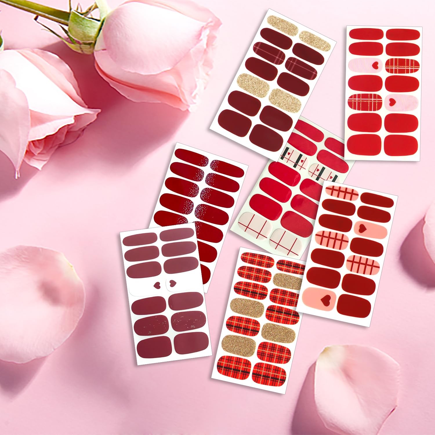 16 Sheets Nail Polish Strips Red Plaid Solid Color Nail Wraps for Women Self …