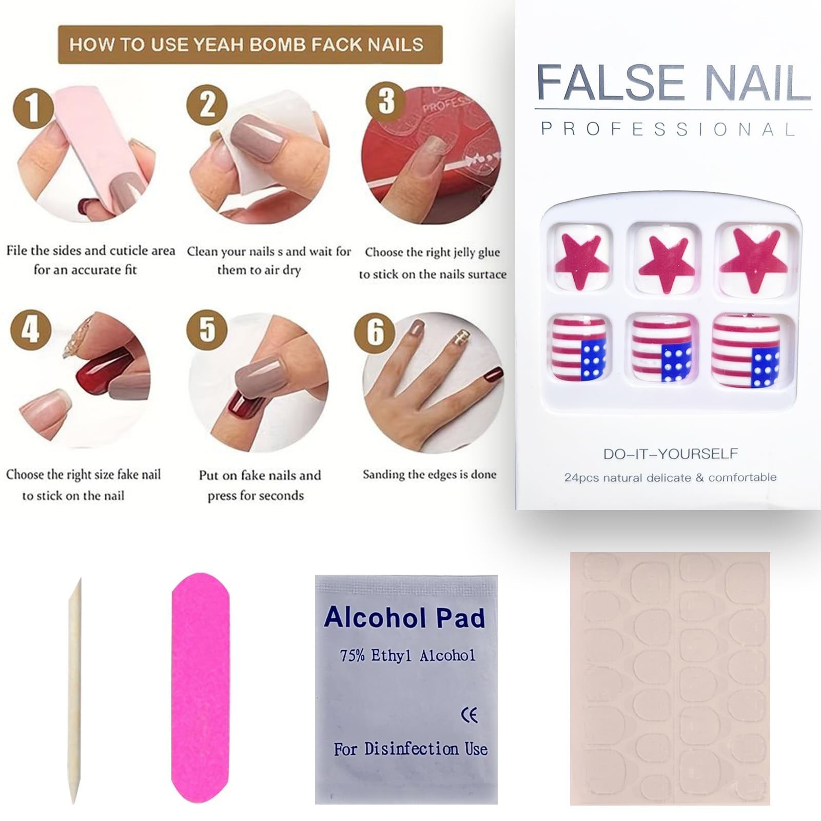 July 4th Press-On Toenails Short Square False Toenails Glossy Red Blue and Wh…