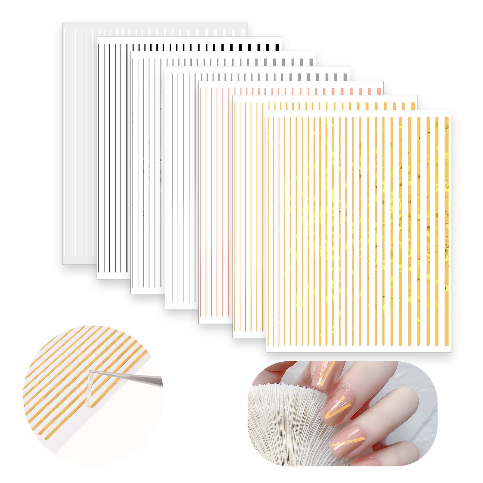 7 Sheets Line Nail Art Stickers Gold and Silver, Metallic Nail Striping for