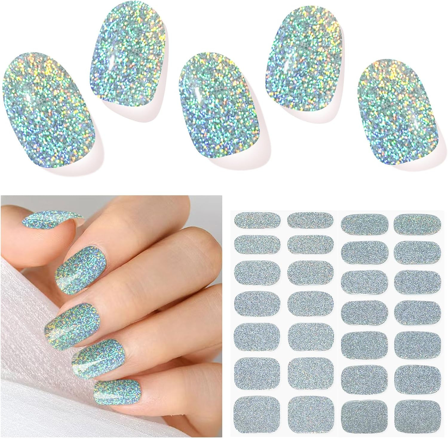 28Pcs Semi Cured Gel Nail Strips (Sliver Glitter), Gel Nail Stickers Work with A