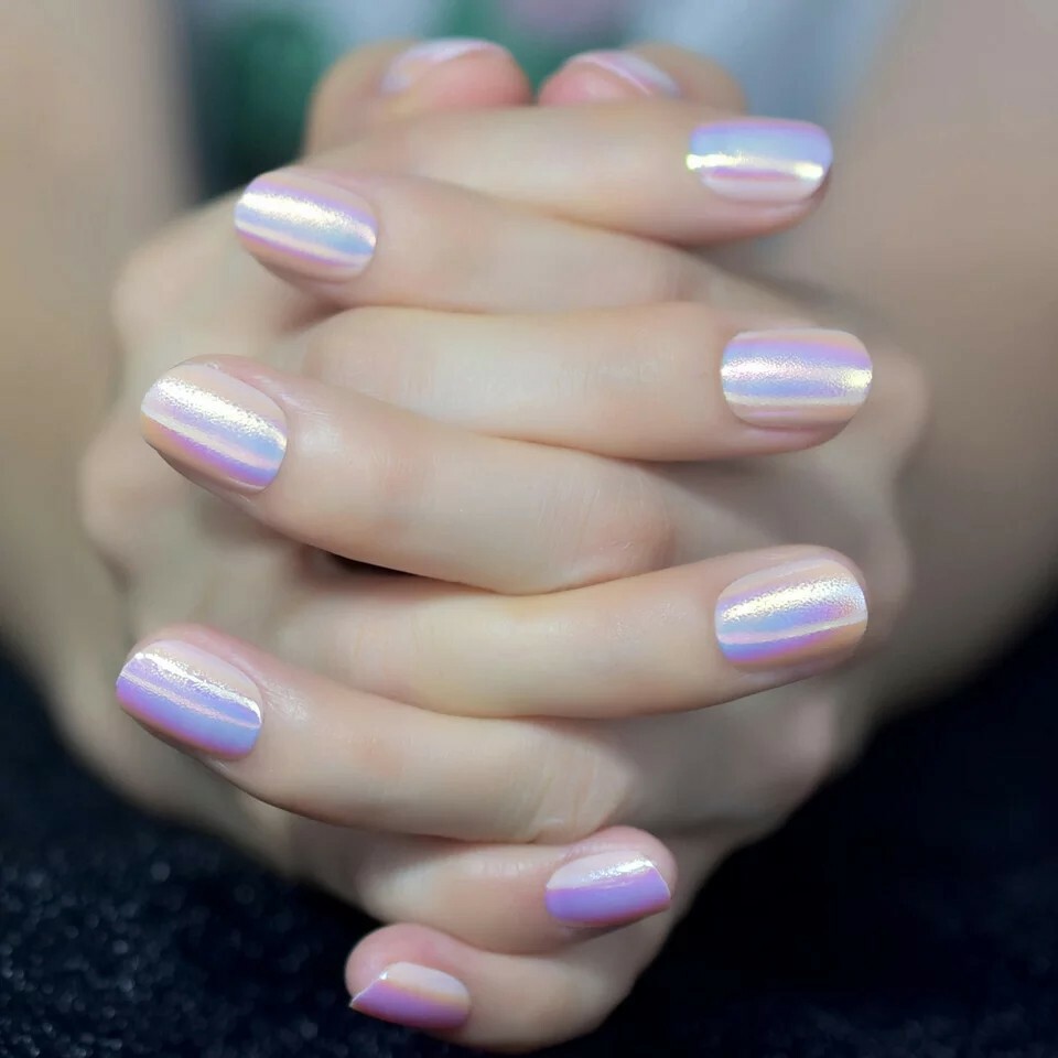 Holographic Press on Nails Pink Purple Metallic with glue unicorn short chrome