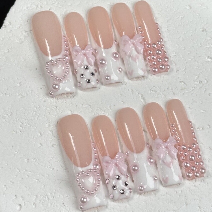 Pearl Heart Ribbon Press-On Nails – Long, Girly & TikTok-Inspired | Handmade Set