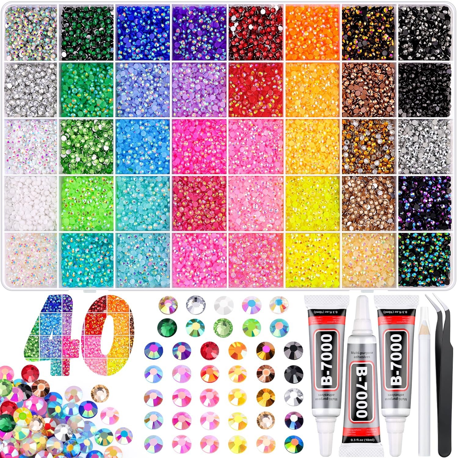 40,000 Pcs Multi-Color 3mm Flatback Rhinestones & 3x10ml Jewelry Glue Kit for DI