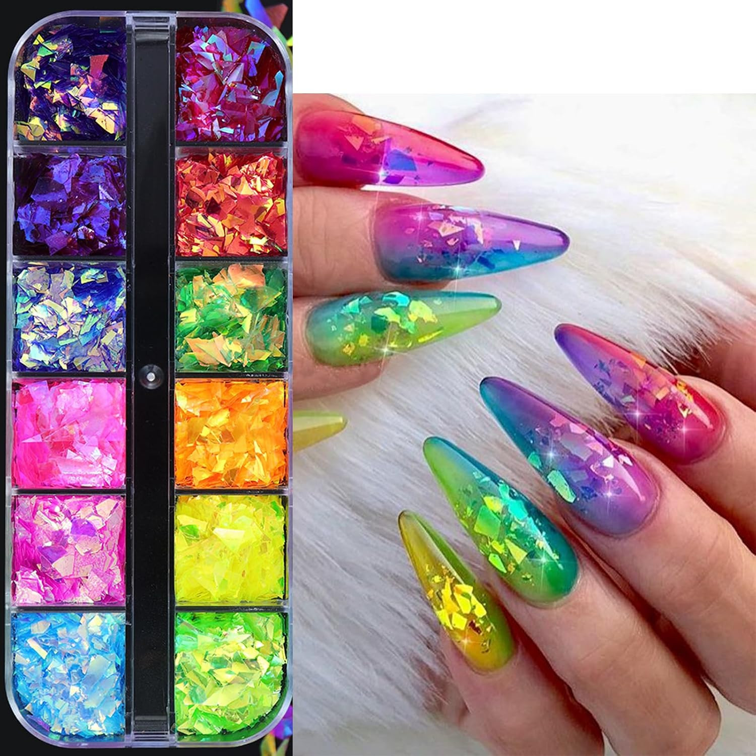12Grids Holographic Mermaid Colorful Nail Art Glitter,Irregular Rainbow Candy Co
