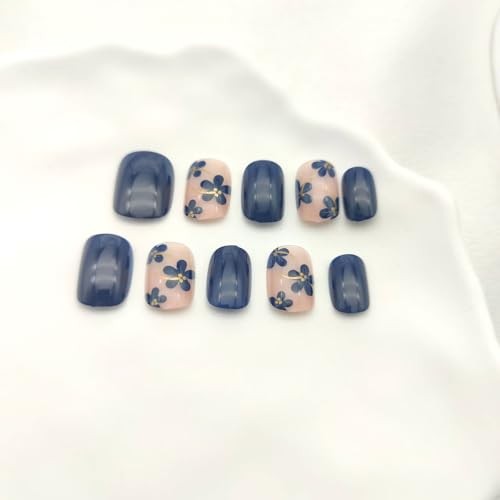 Dark Blue Press on Nails – Short Square Fake Nails with Flower Designs – Spring