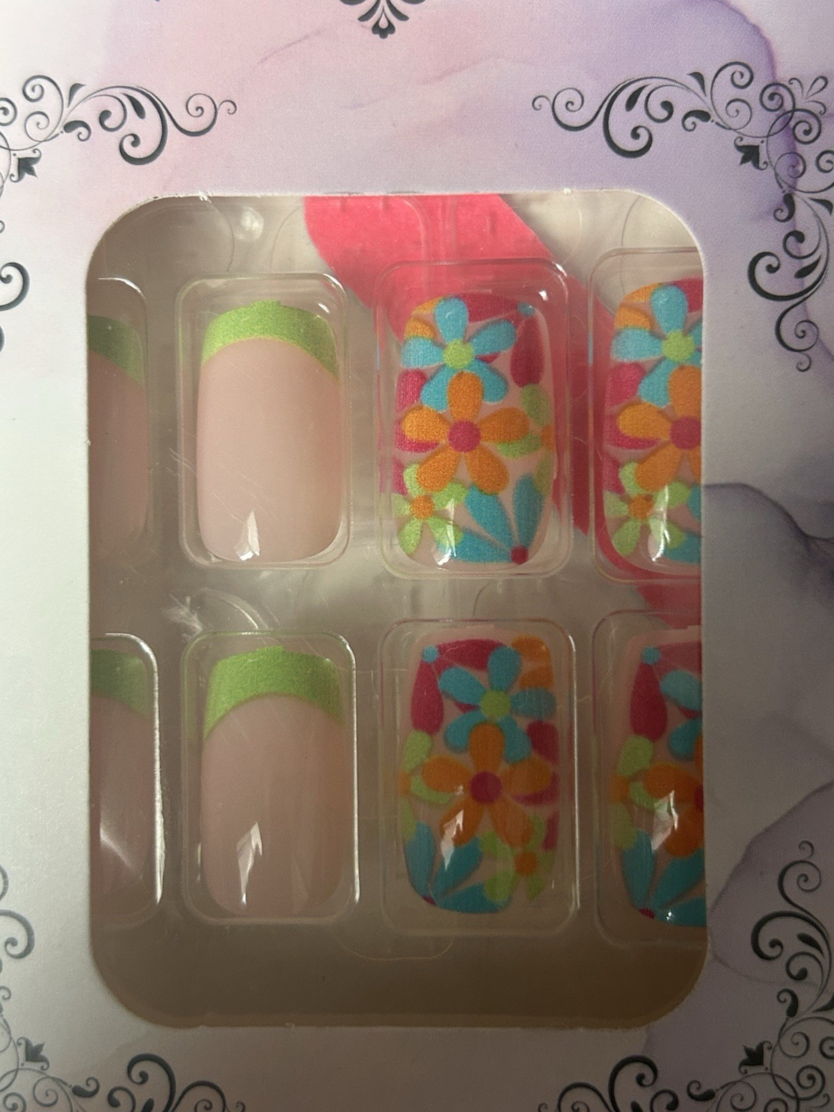 Beautiful Nail Pink Orange French Square Press-On Nails Flowers