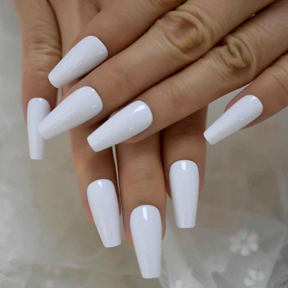 White Press On Nails Glue On Matte or Glossy Long Coffin 24