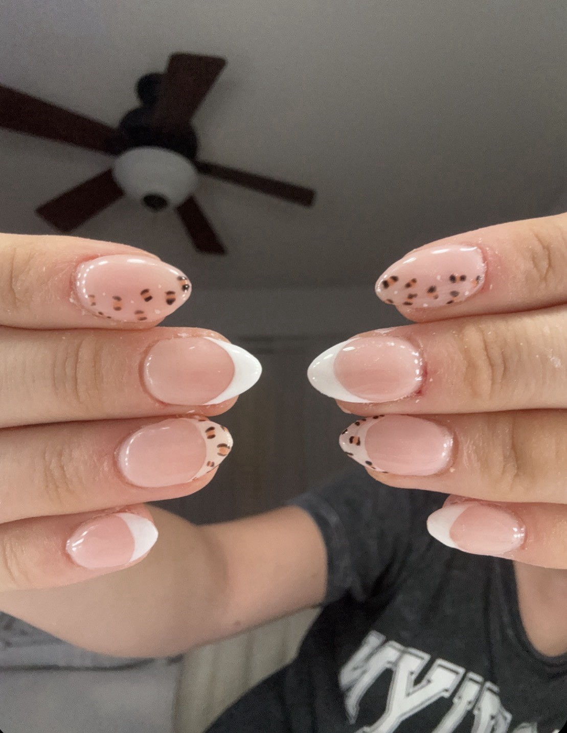 Almond Press-On Nails French Tip Animal Print Pink White Brown Glitter Shiny