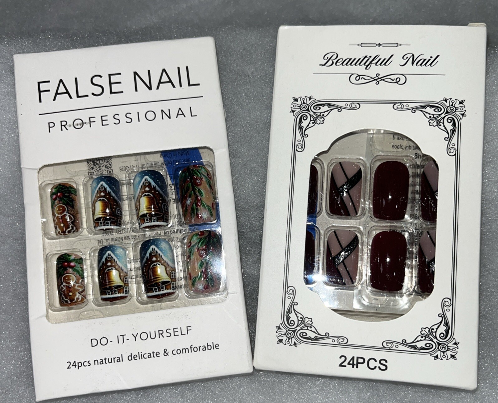 2 New Sets Of Press-On Manicure Nails, Short Rounded Gingerbread & Holiday Glam