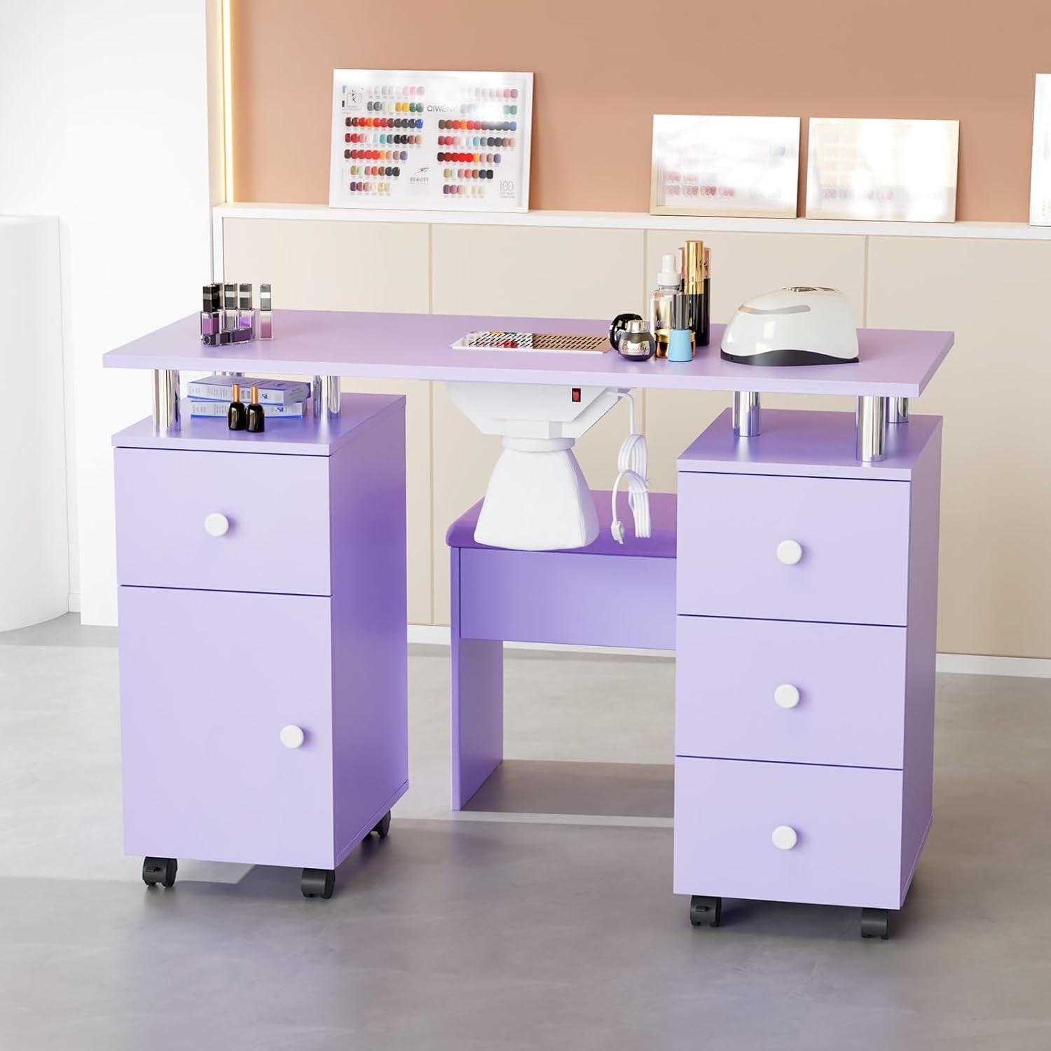 New Nail Tech Desk with Stool, Integrated Dust Collector for Makeup Beauty Salon