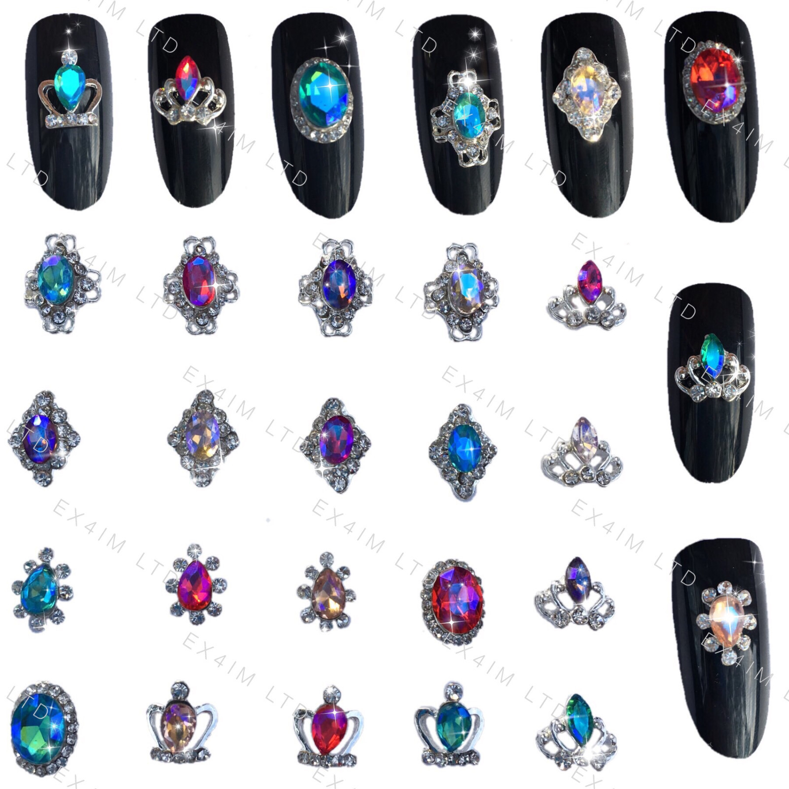 CRYSTAL RHINESTONES NAIL ART DECORATION 3D CHARM ALLOY SILVER GEMS JEWELLERY UK