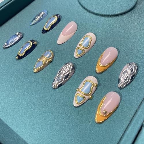 Almond Press On Nails Gold 3d Gold Glitter Ombre Design ​Date Night Nails Blue1