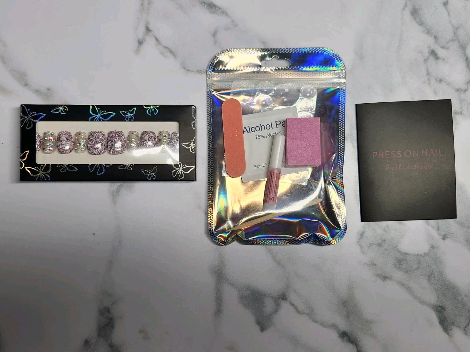 30-Piece Press-On Nail Set. Diamond High-Shine, High-Sparkle. Short Square. New.