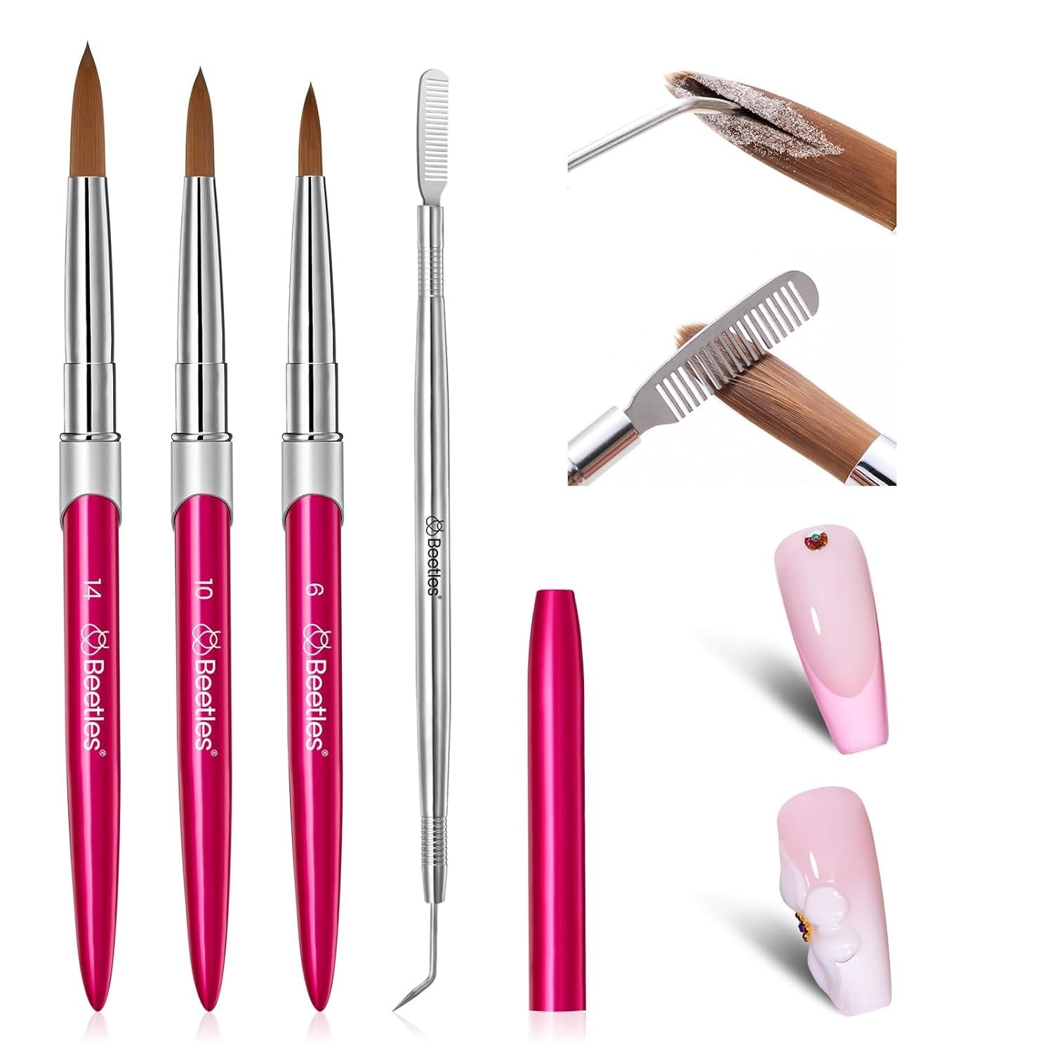 Professional Acrylic Nail Brush Set 3 Sizes with Steel Comb for Easy Cleaning