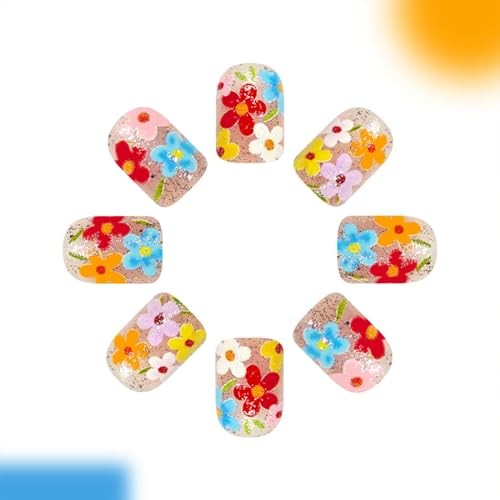 Summer Flowers Press on Nails – Short Square False Nails with Colorful Flowers
