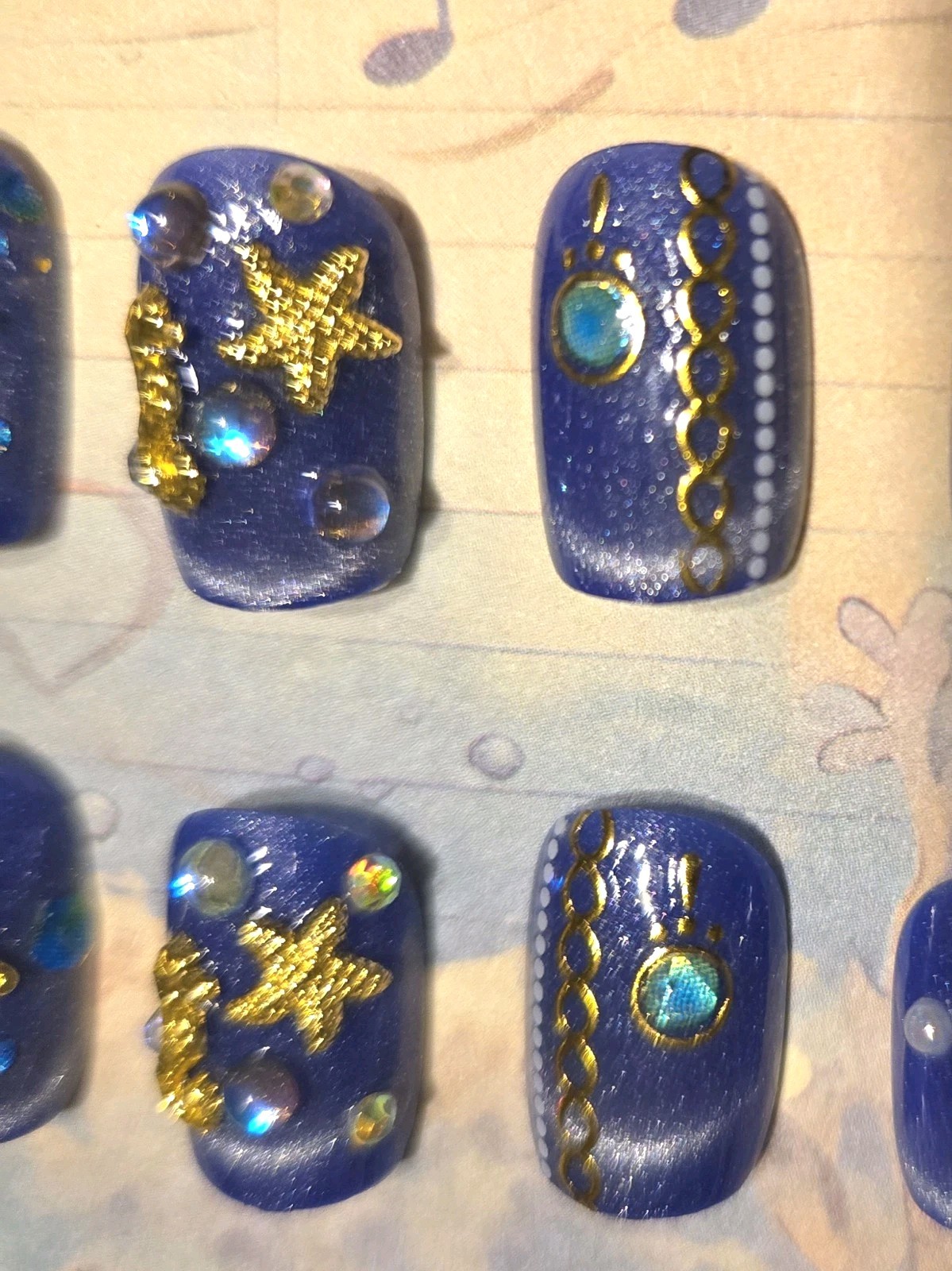 Blue Gold Beach Press On Nails Seahorse Shells Starfish Pearls Bubbles Decorated