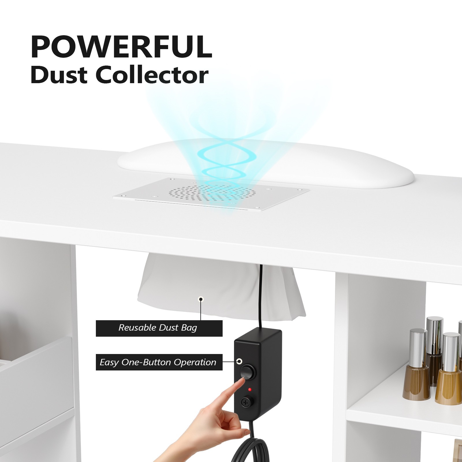 L Shaped Manicure Table with Wrist Rest & 180° Swivel Desktop and Dust Collector