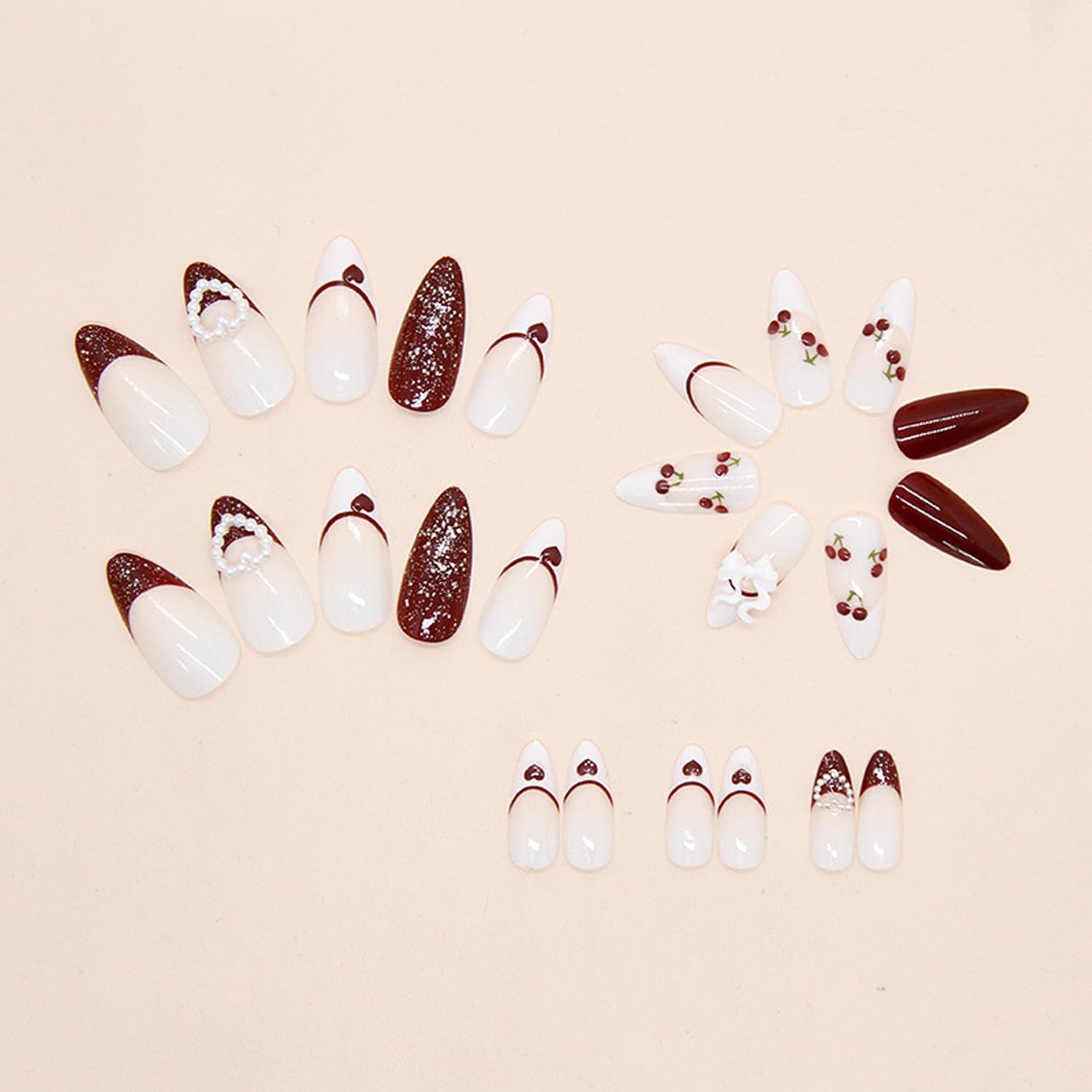 Medium Almond Press-On Nails with 3D Heart and Bow Charms, 24 Pcs