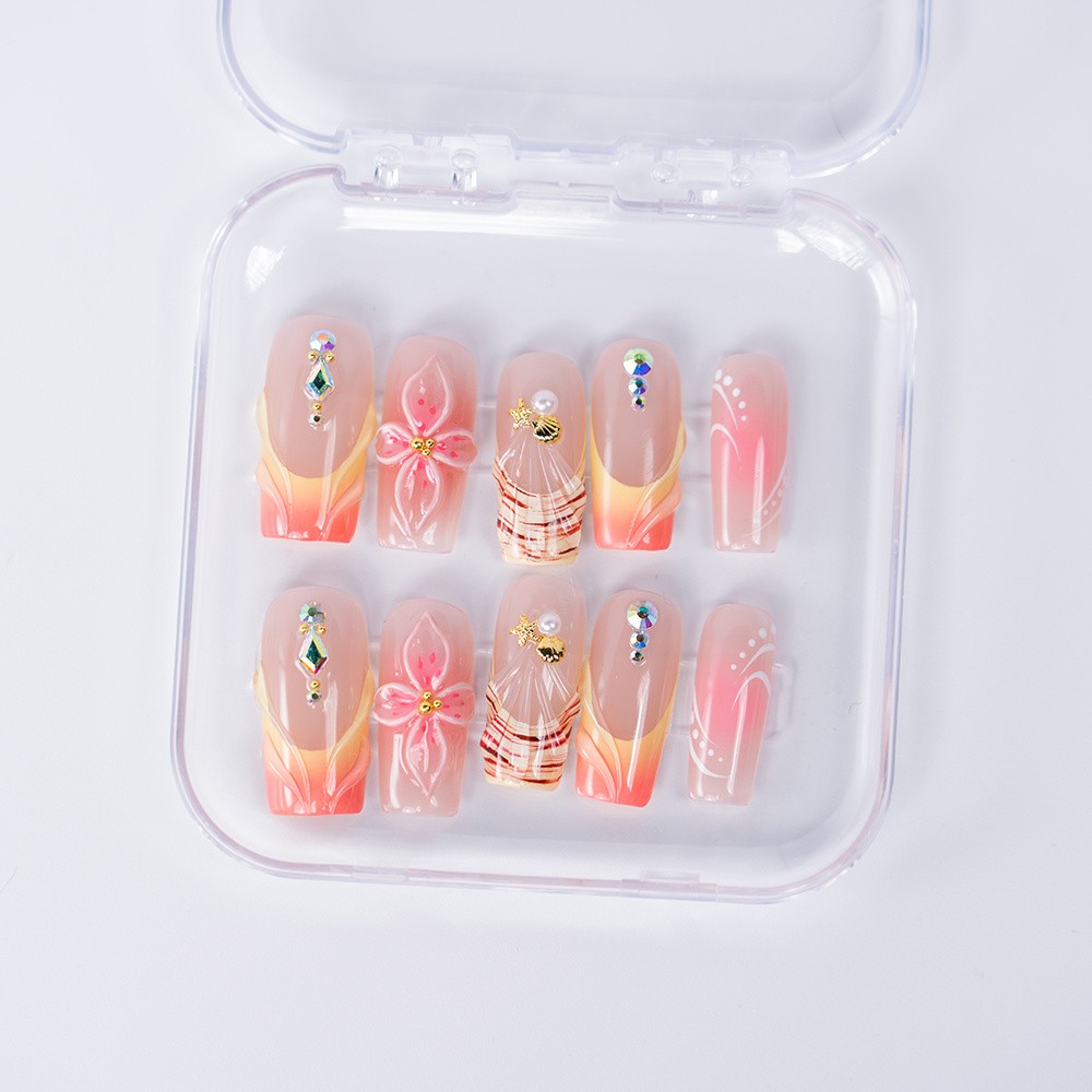10pcs Peach Gradient Square Nails 3D Flower Gems Tropical Summer Style