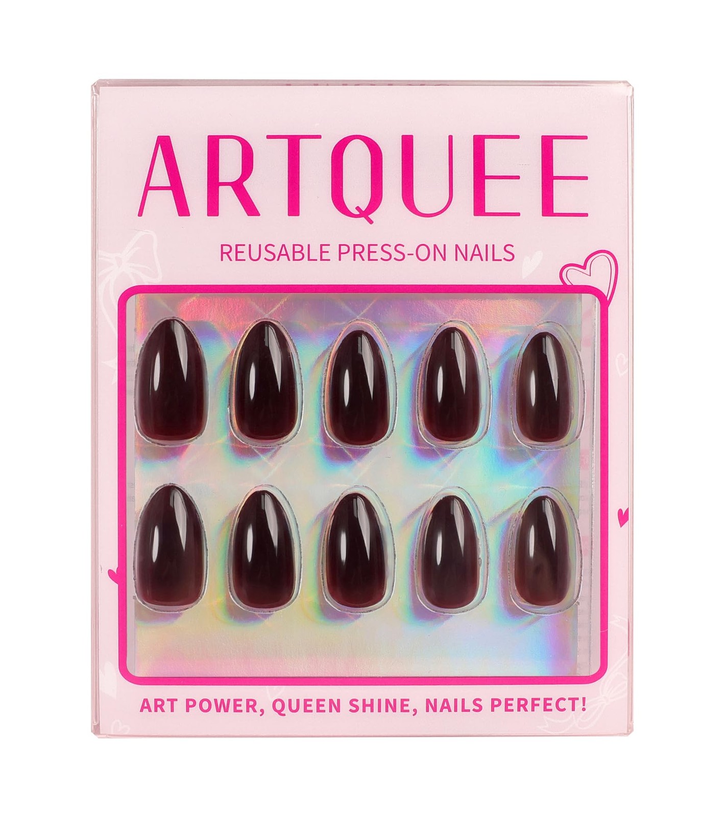 Press on Nails Short Burgundy Almond False Tips Glossy Reusable Fake Stick on…