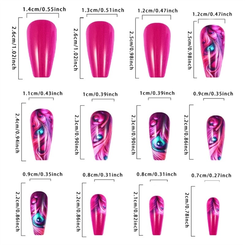 24 Pcs Square False Hot Pink Feathered Design Glossy Finish Press On