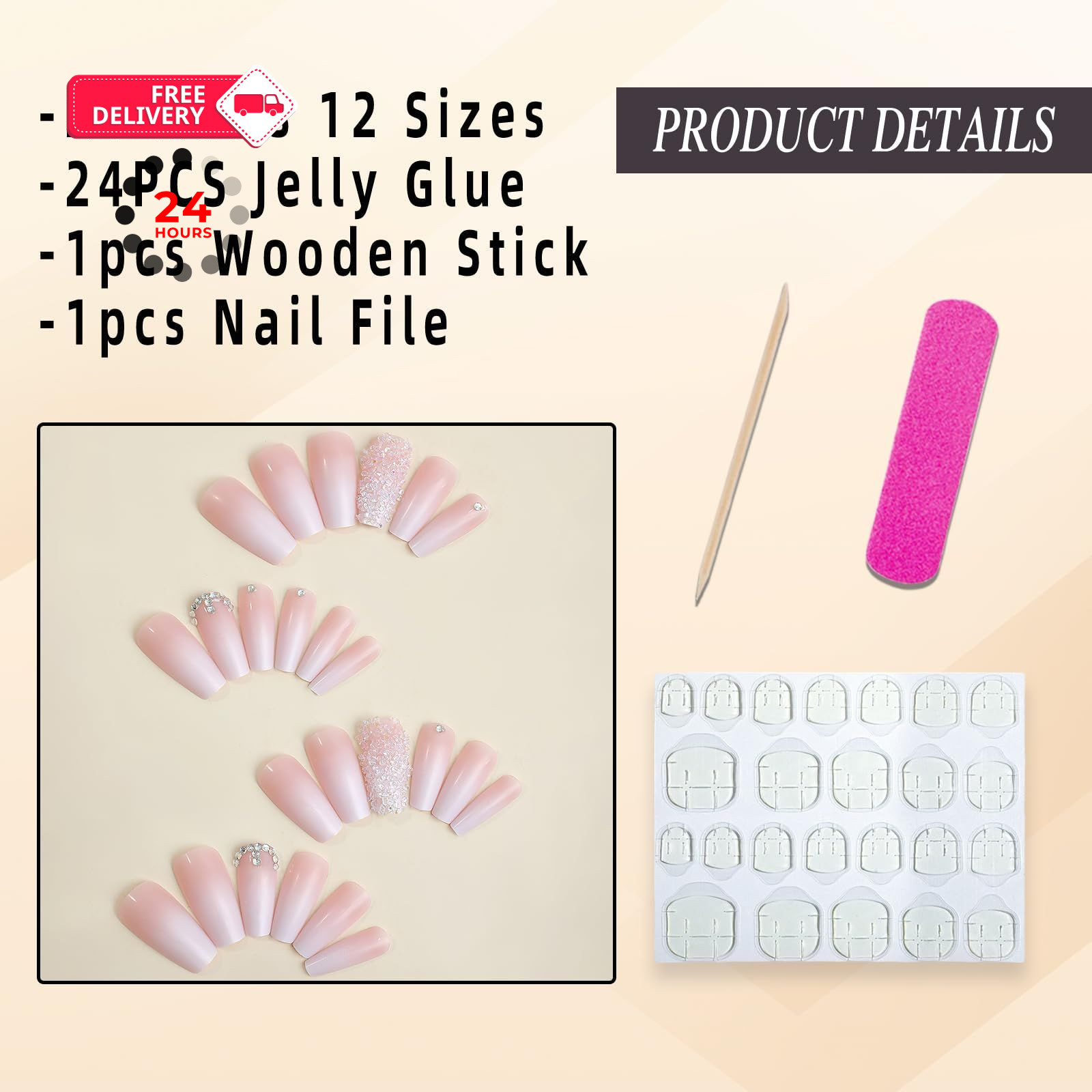 Jremg Pink Press On Nails – Long Square Coffin Fake Nails, Multicolor
