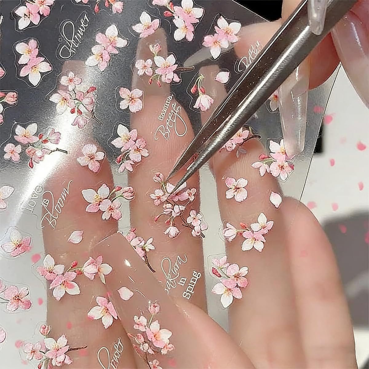 1Pcs Spring Nail Stickers Pink Cherry Blossoms Nail Decals 3D Self Adhesive Flow