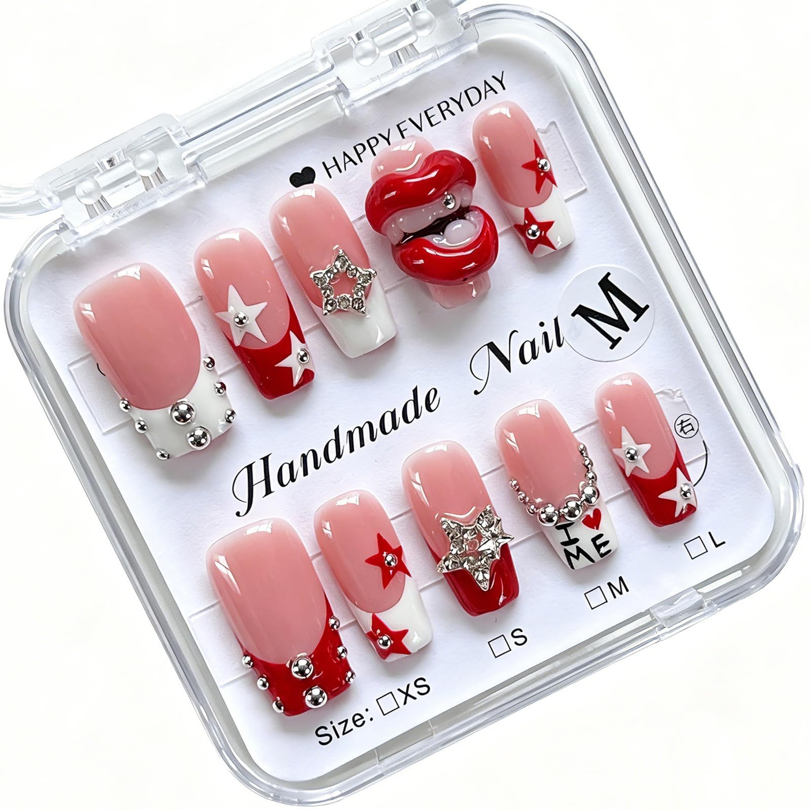 Medium Square Press-On Nails – Red White Stars & 3D Lips, Thick Acrylic, 10 Pcs