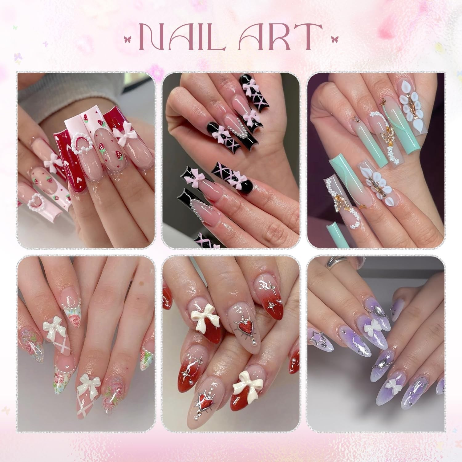 3D Nail Charms Set: 20PCS Butterfly + 75PCS Bow & Heart + Gems, Tools Included