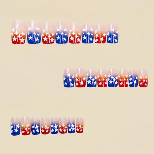 4th of July Press on Nails – Short Square Red White Blue Gradient Style-17