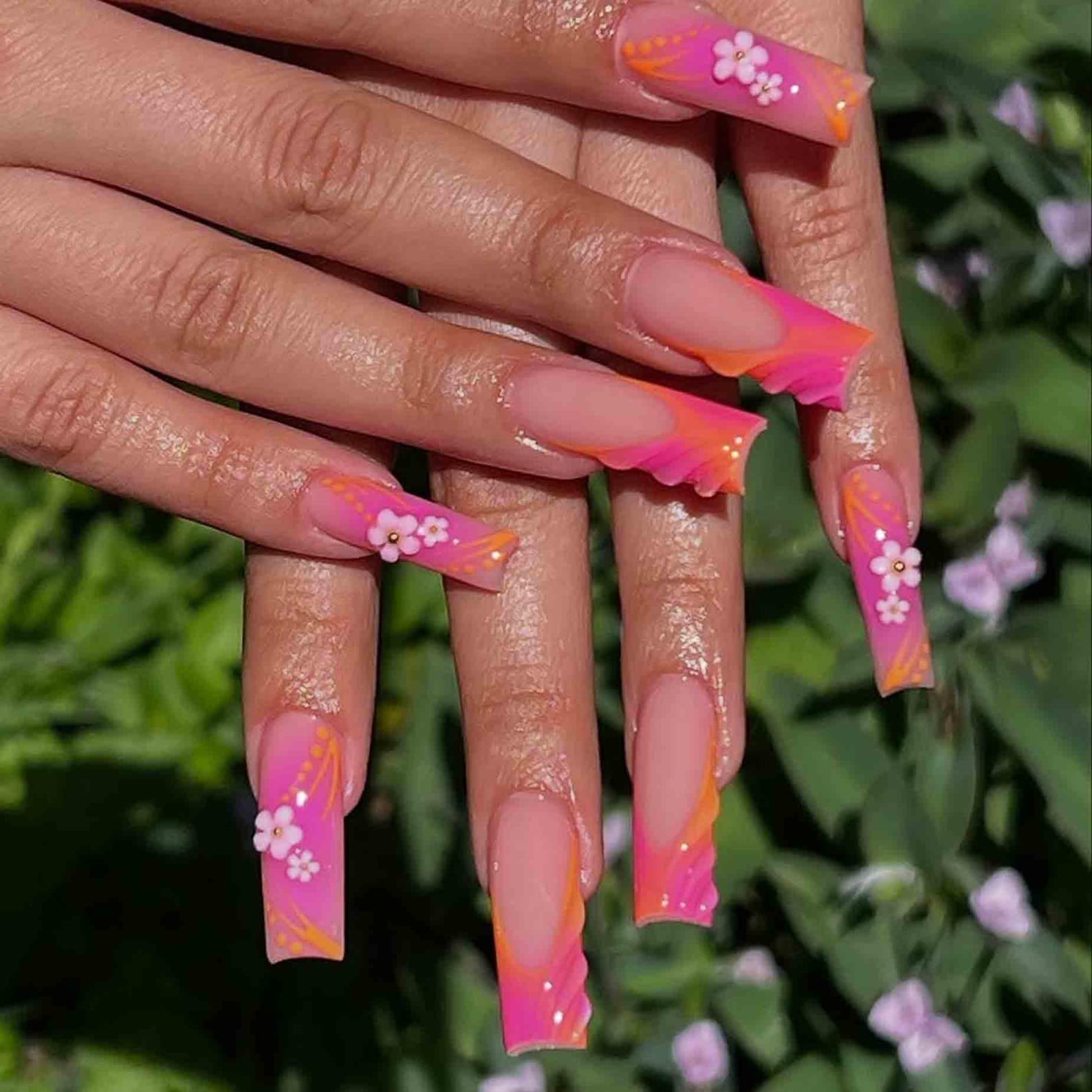 Handmade Pink Orange Gradient 3D Flower Wave Long Coffin Press on Nails