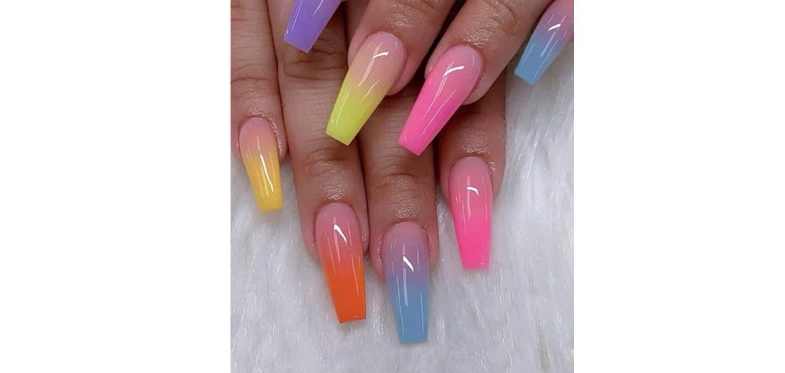 Rainbow Ombre Long Coffin Press On Nails Fake False 24 Pc Nail Set Kit Glue Pink