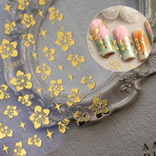 12 Sheets Gold Star Nail Art Stickers 3D Self Adhesive Flower Heart Letter