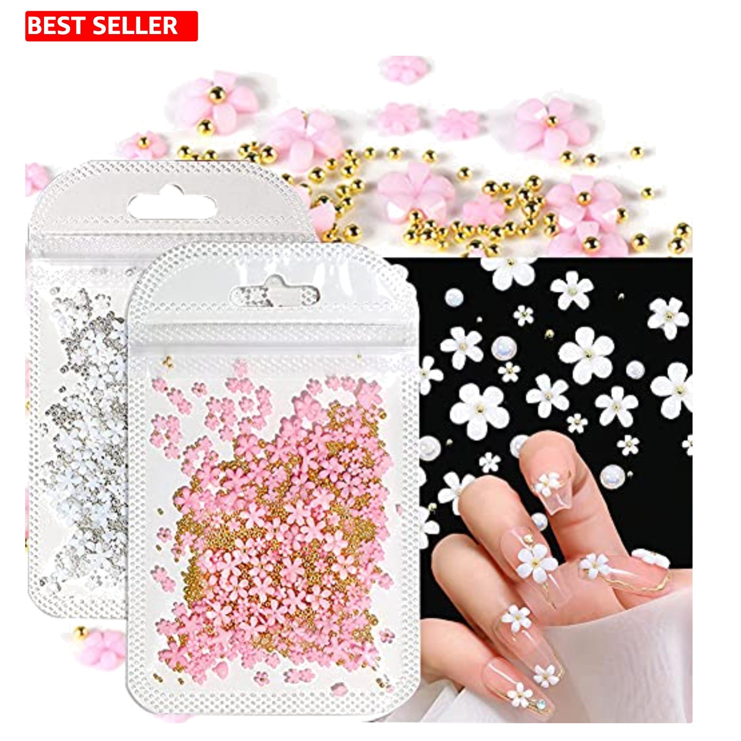 Luxury Acrylic 3D Flower Nail Decorations with Pearl Caviar Beads, 2 pc Set