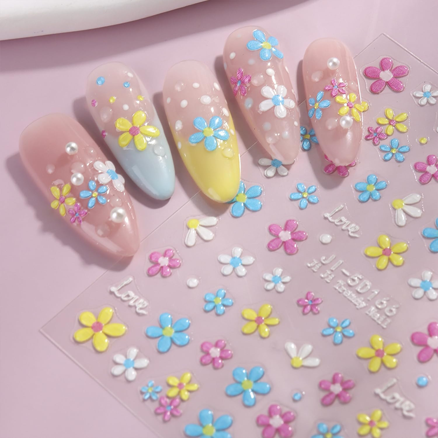 Spring Summer Flower Nails Stickers Decals 5D Embossed Flower Nails 3D Flower