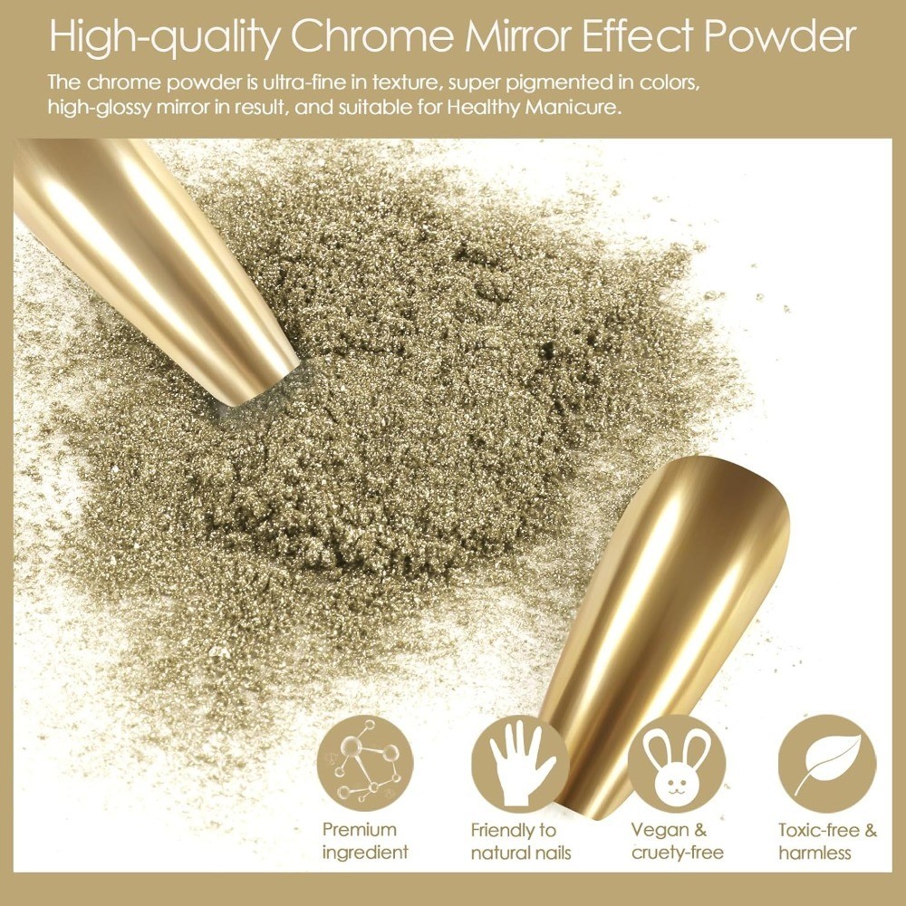 Chrome Nail Powder Champagne Gold Metallic Mirror Glitter Dust for Gel Polish