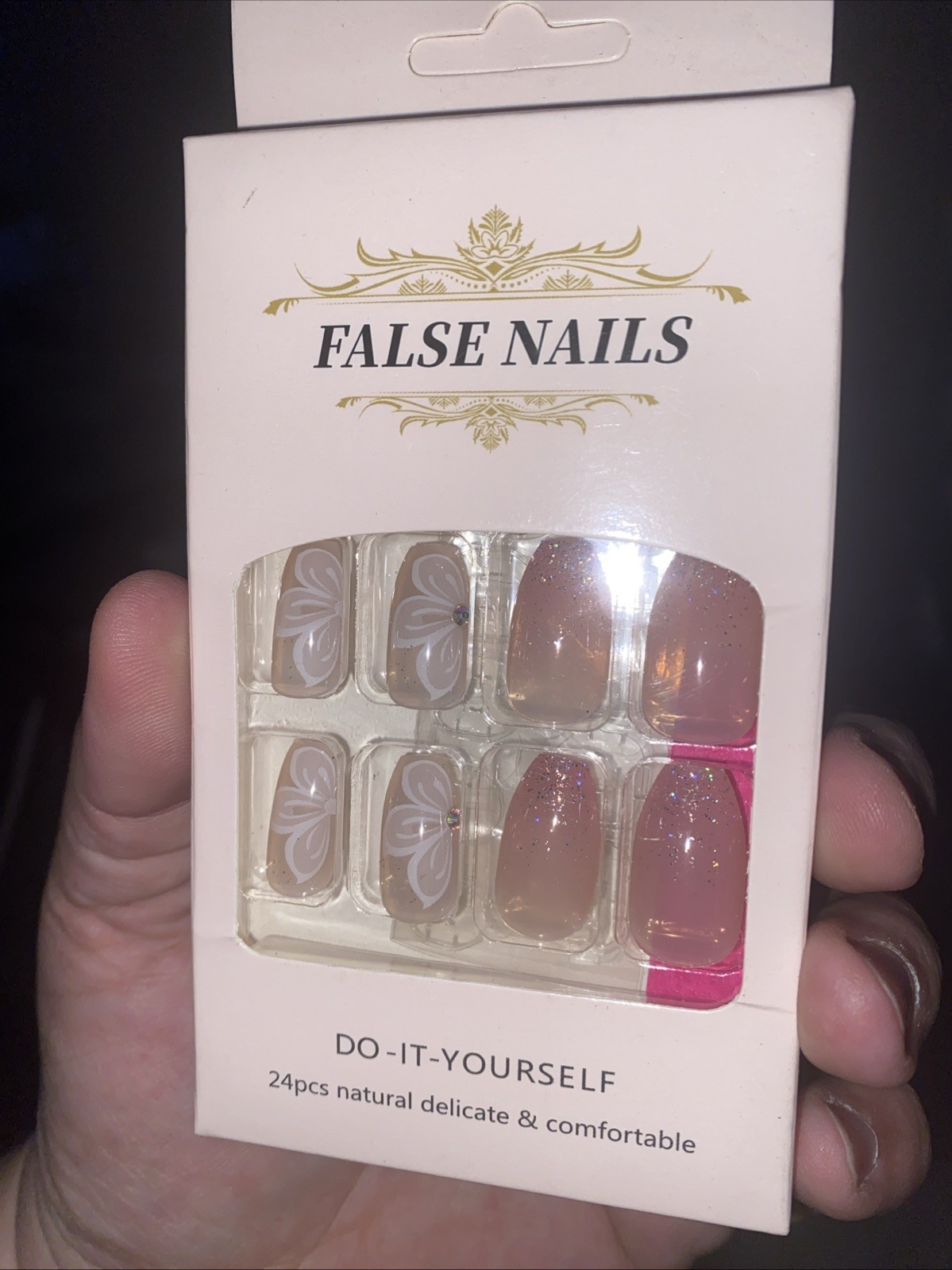 24 Piece Coffin Shaped Pink Glitter Flower Press Ons Fake Nails Glossy